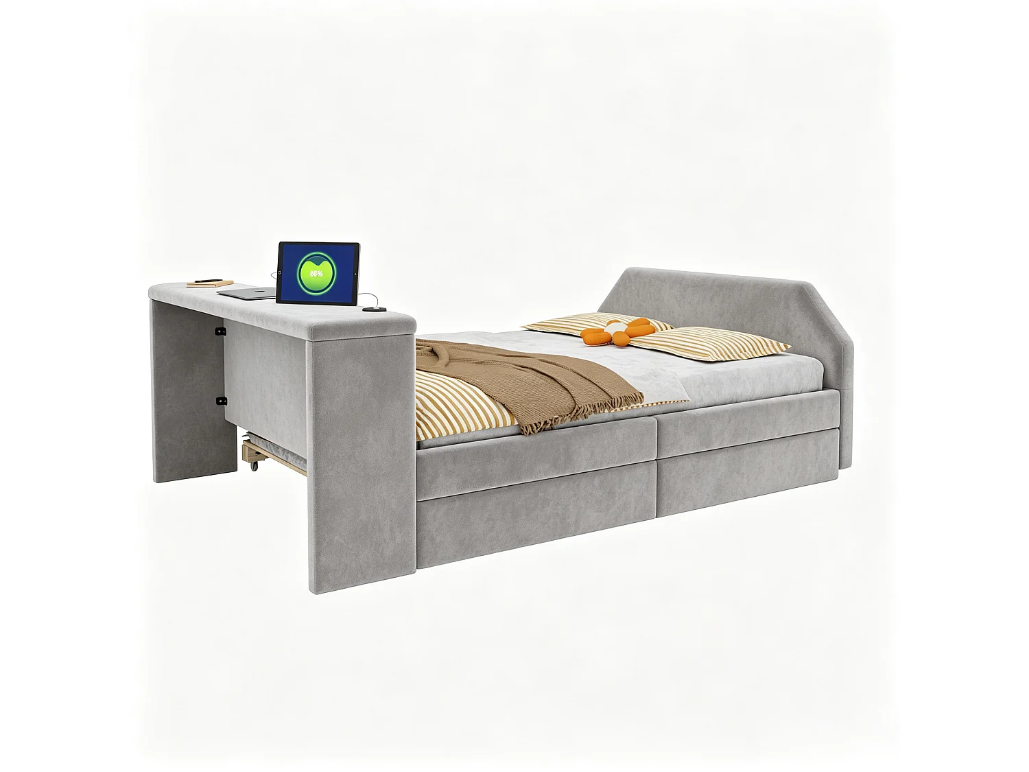 Upholstered children's bed 140x200 cm – with USB charging port – with trundle bed – Velvet – Gray (mattress not included)