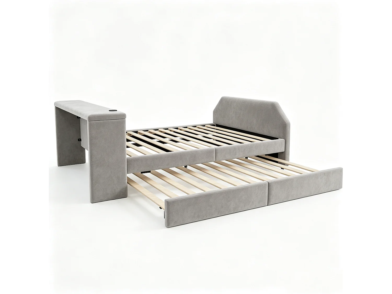 Upholstered children's bed 140x200 cm – with USB charging port – with trundle bed – Velvet – Gray (mattress not included)