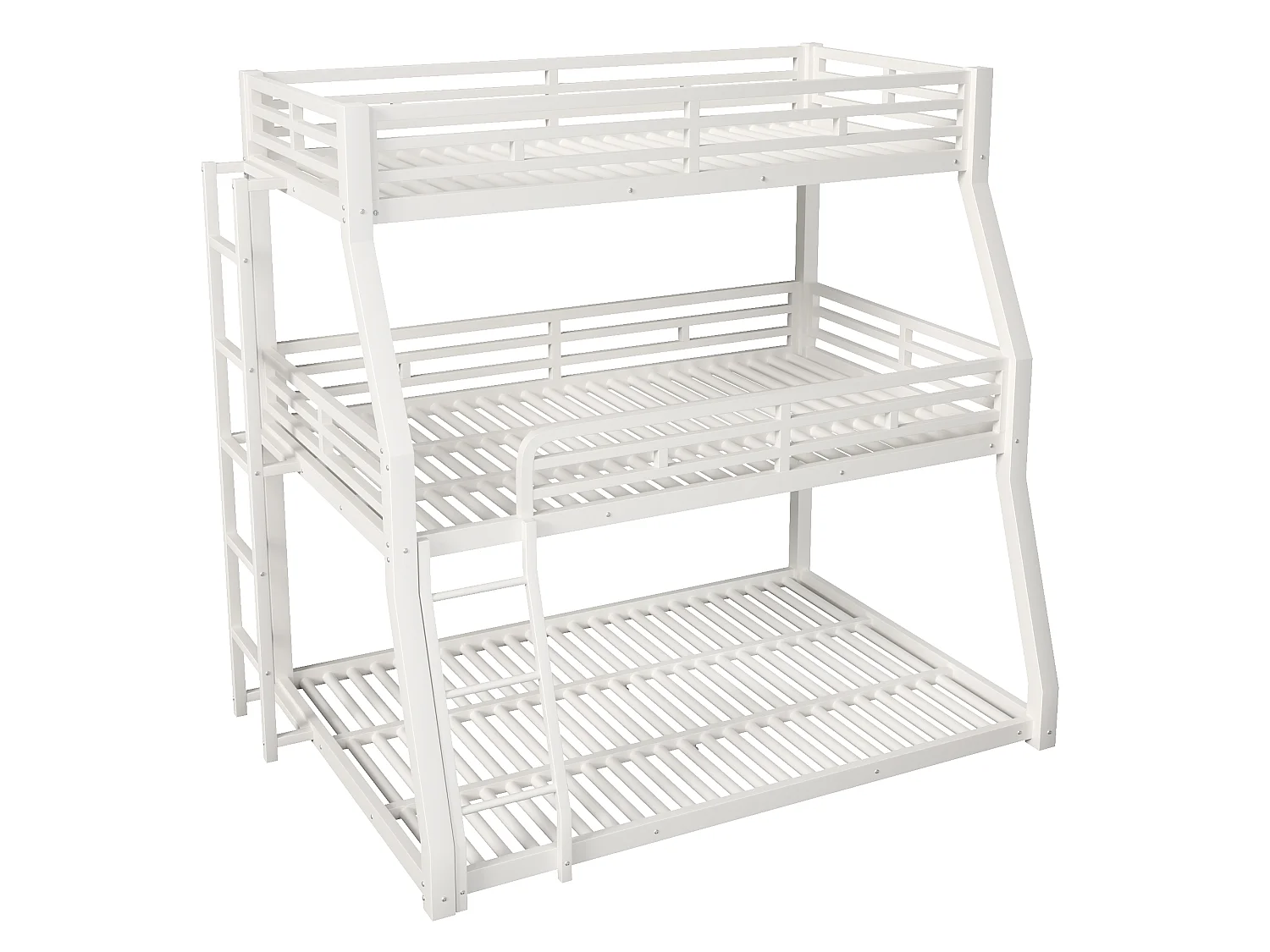 Lit superposé triple 90 x 200 / 120 x 200 / 140 x 200 cm avec 2 échelles et barrières de sécurité – Métal – Blanc (Sans matelas)