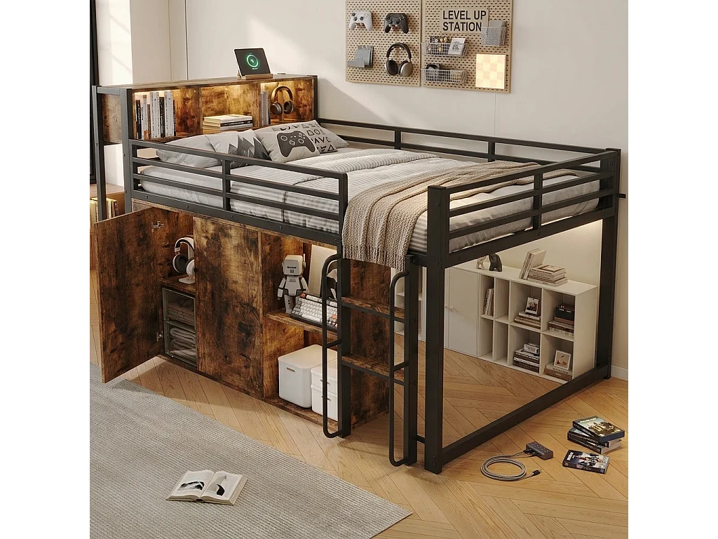 Mezzanine bed 120 x 200 cm - with power outlet and LED light - with open storage cubbies and compartments - Black (mattress not included)