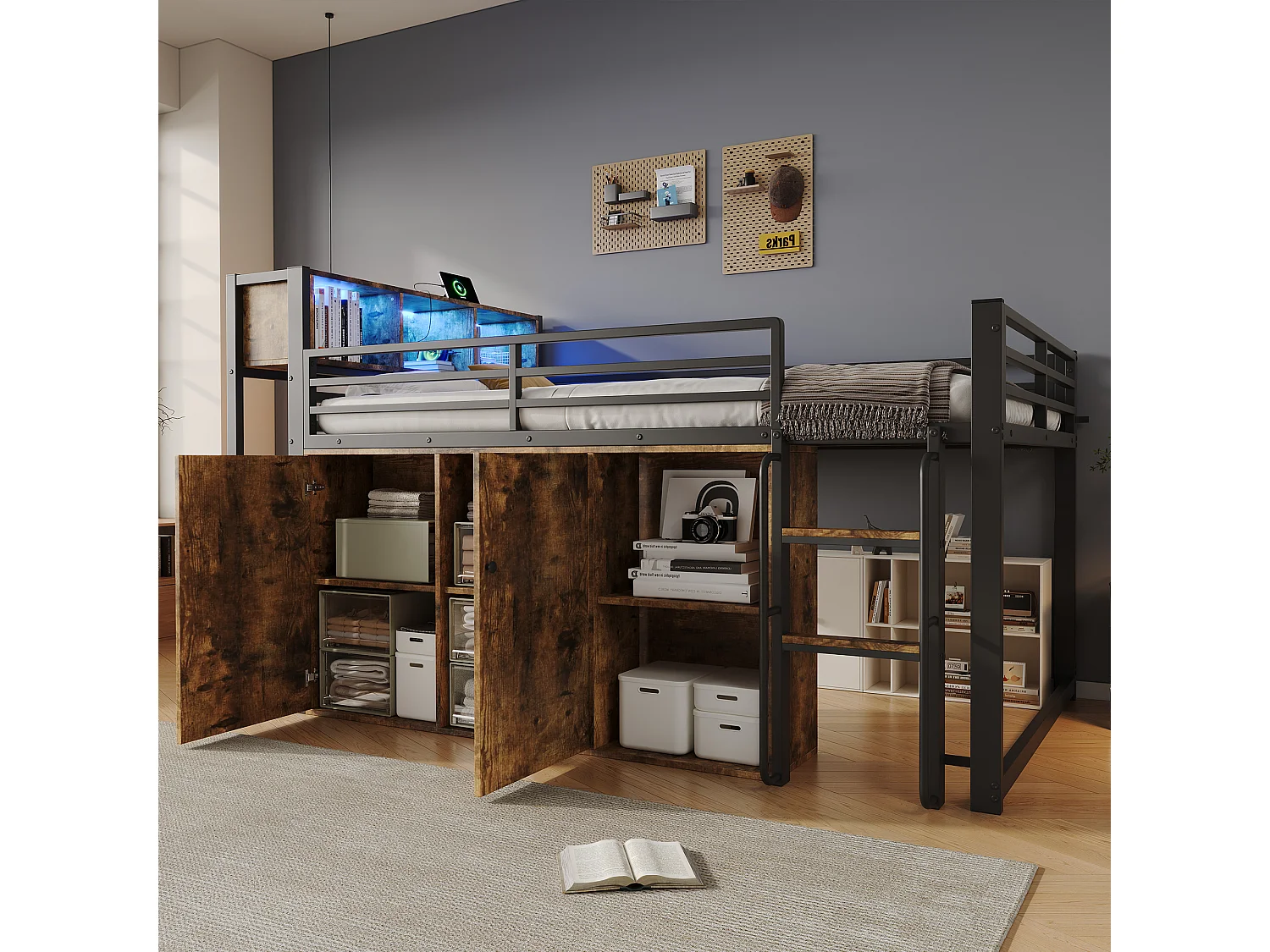 Mezzanine bed 120 x 200 cm - with power outlet and LED light - with open storage cubbies and compartments - Black (mattress not included)