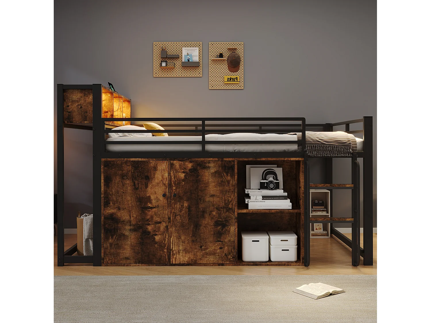 Mezzanine bed 120 x 200 cm - with power outlet and LED light - with open storage cubbies and compartments - Black (mattress not included)