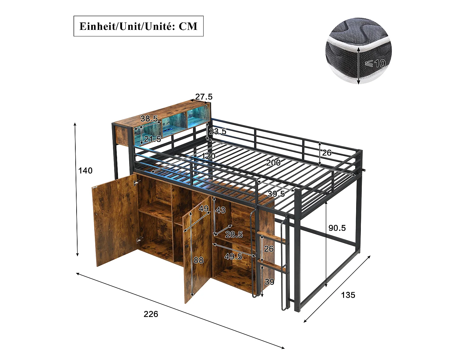 Mezzanine bed 120 x 200 cm - with power outlet and LED light - with open storage cubbies and compartments - Black (mattress not included)