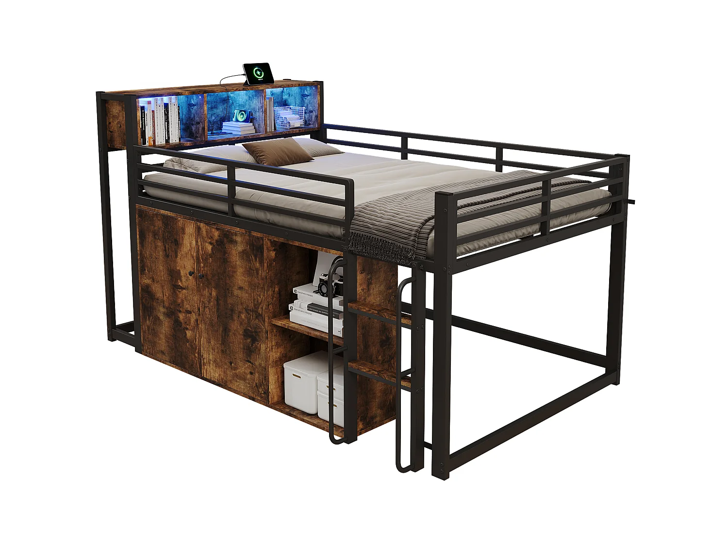 Mezzanine bed 120 x 200 cm - with power outlet and LED light - with open storage cubbies and compartments - Black (mattress not included)