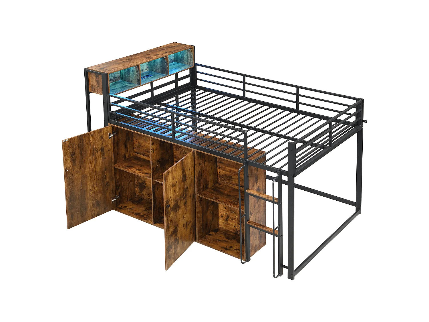 Mezzanine bed 120 x 200 cm - with power outlet and LED light - with open storage cubbies and compartments - Black (mattress not included)
