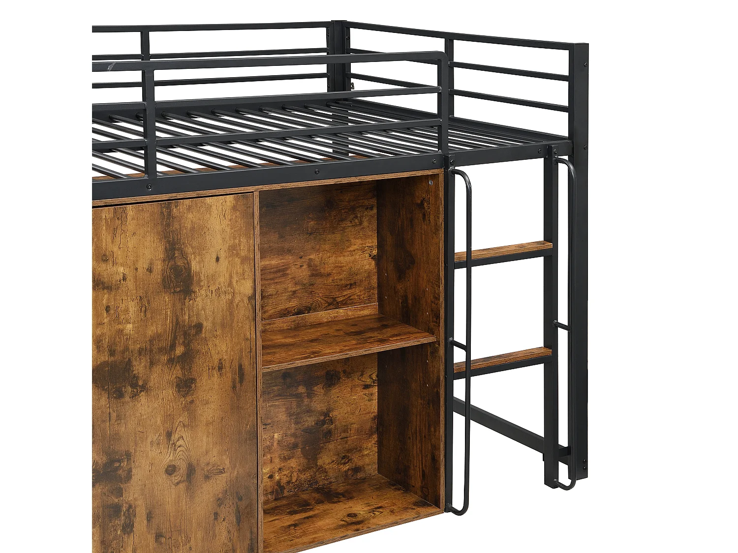 Mezzanine bed 120 x 200 cm - with power outlet and LED light - with open storage cubbies and compartments - Black (mattress not included)