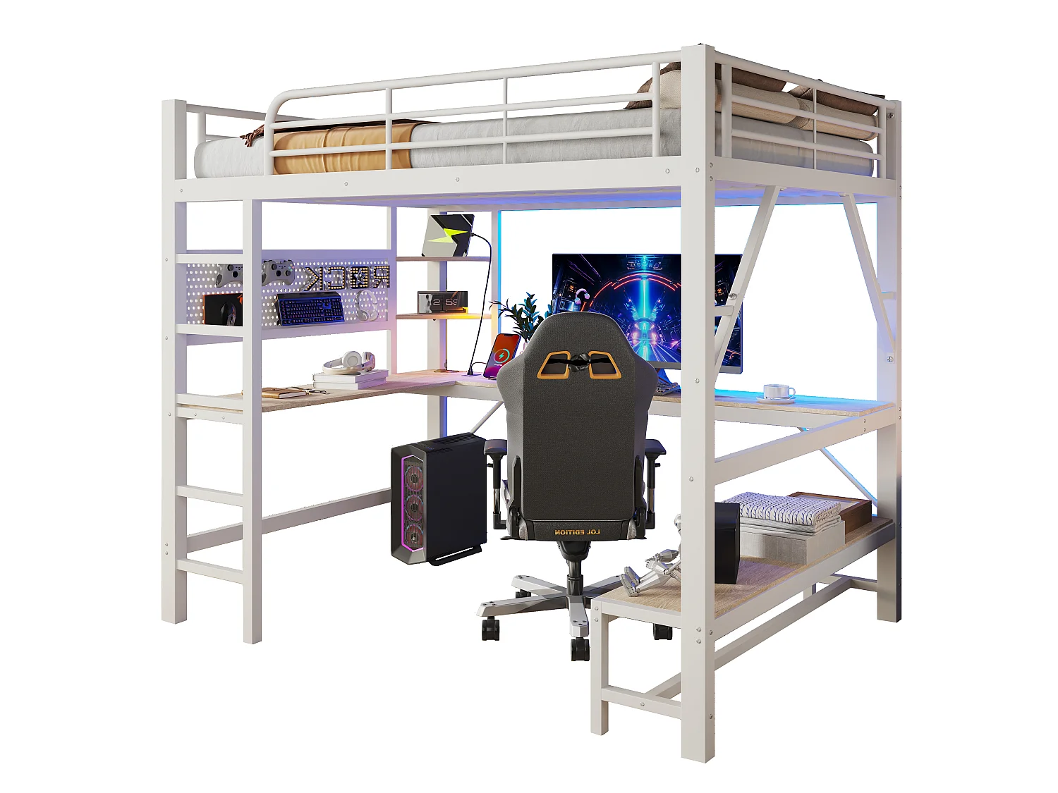 Łóżko piętrowe 160 x 200 cm z biurkiem, schowkiem, diodami LED, gniazdem USB-C i ścianką perforowaną – metal i płyta MDF – białe (materac nie jest wliczony w cenę)