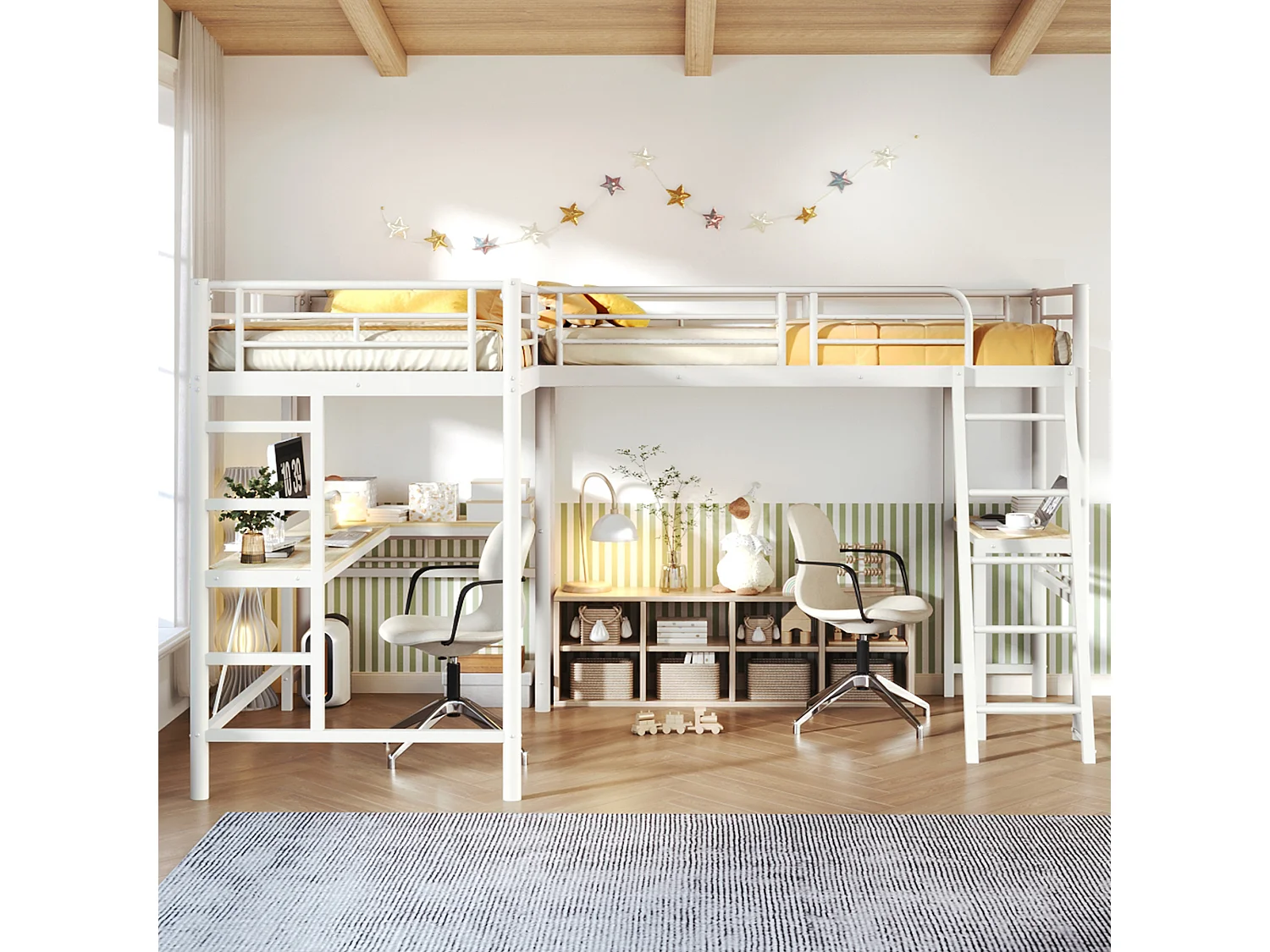 Letto a soppalco 2 x 90 x 200 cm con scrivania, pannello forato, luci a LED e sponde di sicurezza – Metallo e MDF – Bianco (Materasso non incluso)