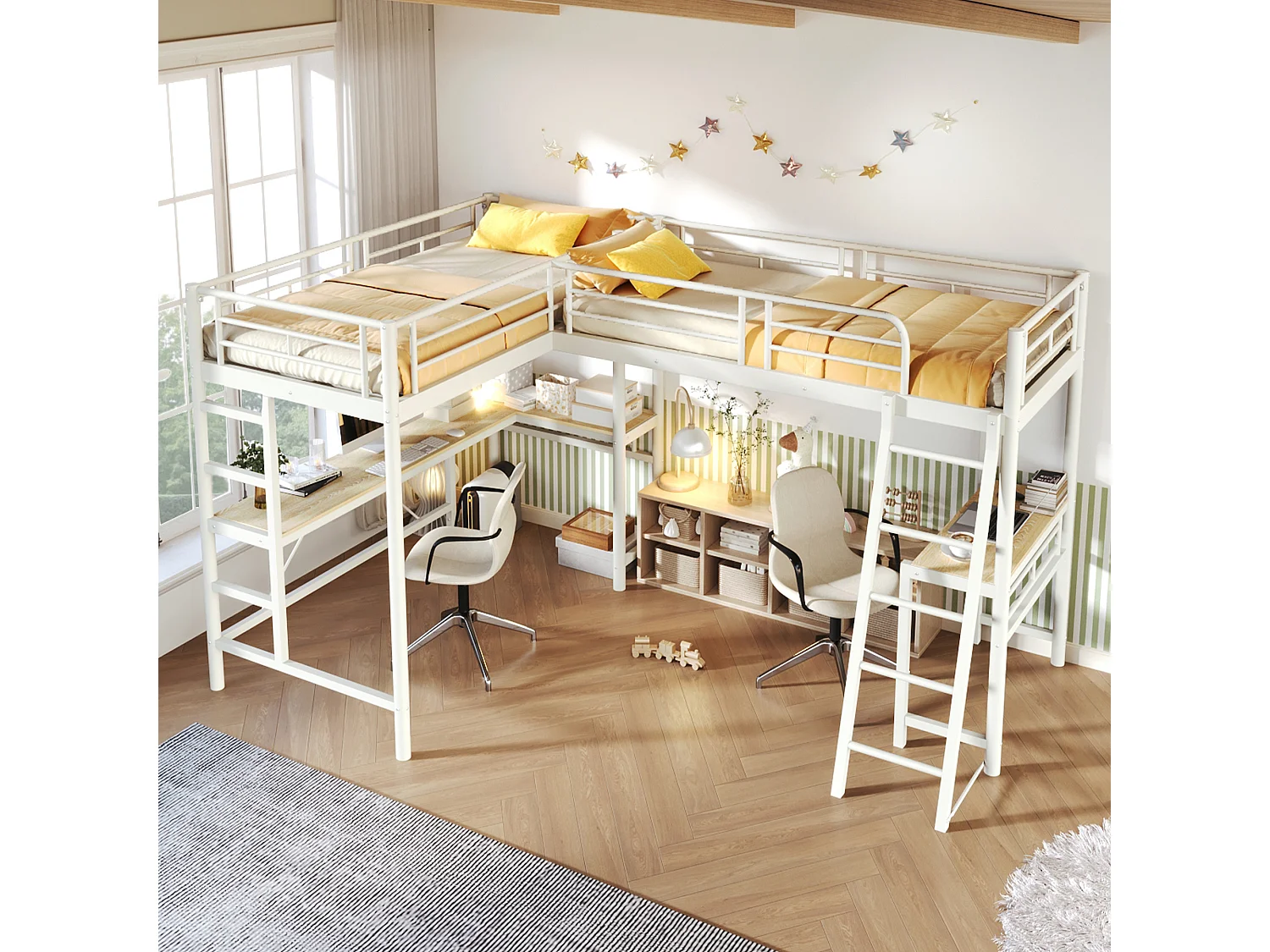 Letto a soppalco 2 x 90 x 200 cm con scrivania, pannello forato, luci a LED e sponde di sicurezza – Metallo e MDF – Bianco (Materasso non incluso)