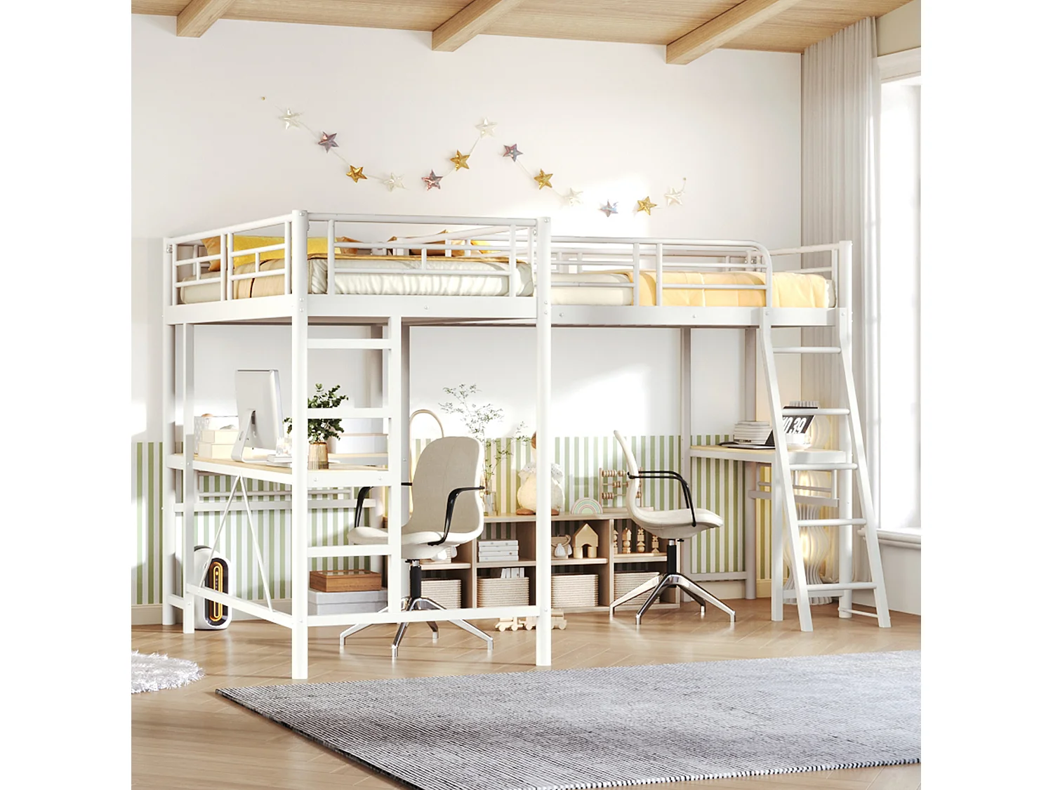 Letto a soppalco 2 x 90 x 200 cm con scrivania, pannello forato, luci a LED e sponde di sicurezza – Metallo e MDF – Bianco (Materasso non incluso)