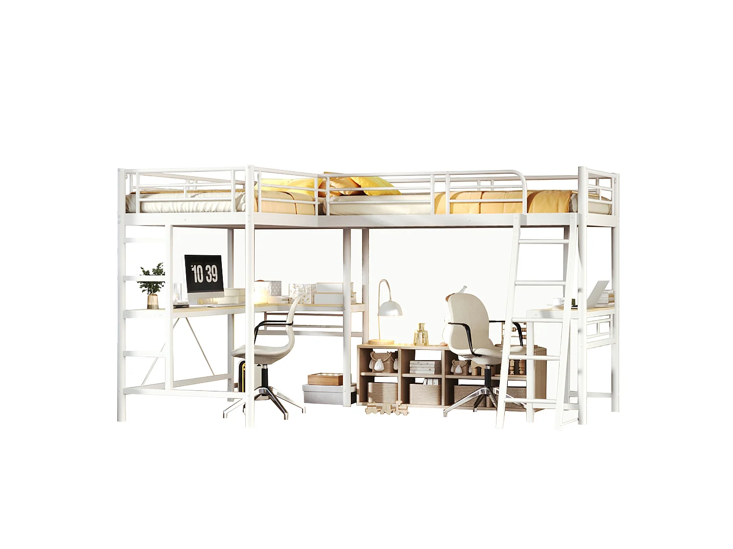 Letto a soppalco 2 x 90 x 200 cm con scrivania, pannello forato, luci a LED e sponde di sicurezza – Metallo e MDF – Bianco (Materasso non incluso)