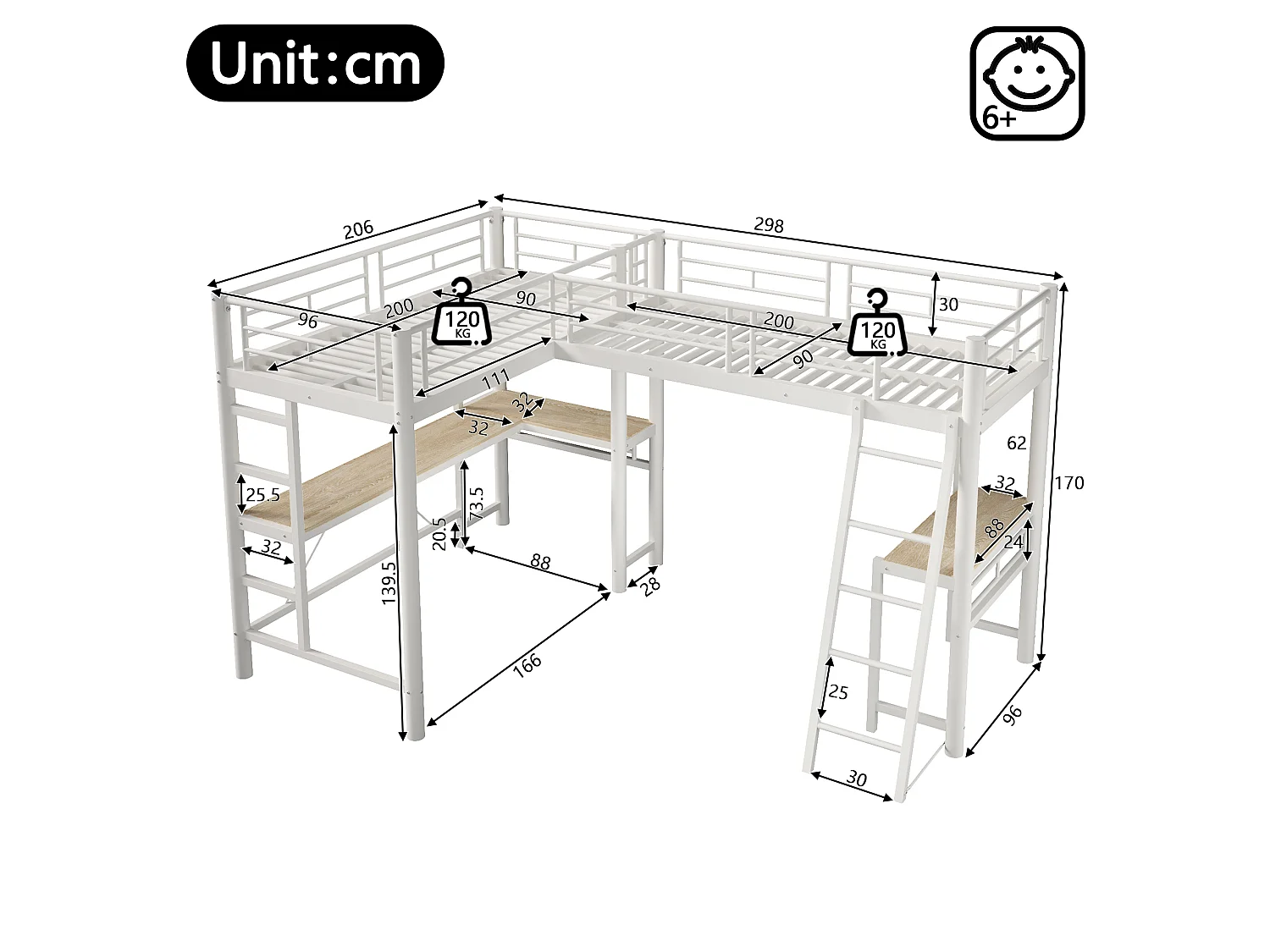 Letto a soppalco 2 x 90 x 200 cm con scrivania, pannello forato, luci a LED e sponde di sicurezza – Metallo e MDF – Bianco (Materasso non incluso)