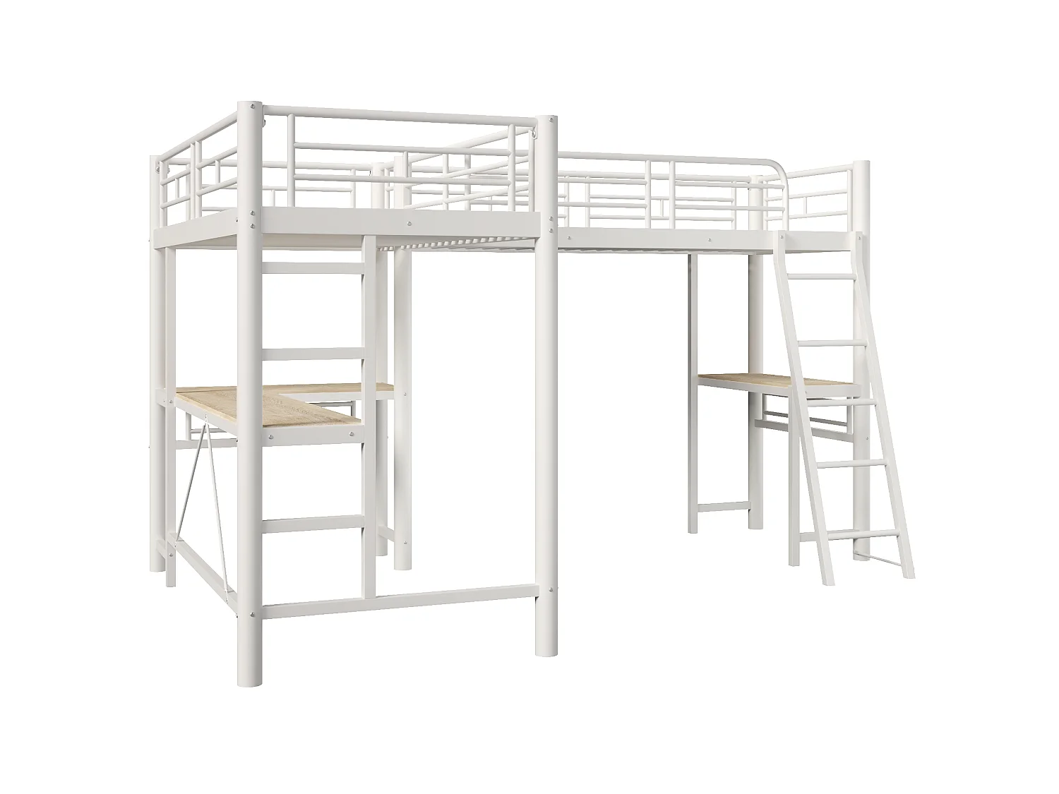 Letto a soppalco 2 x 90 x 200 cm con scrivania, pannello forato, luci a LED e sponde di sicurezza – Metallo e MDF – Bianco (Materasso non incluso)