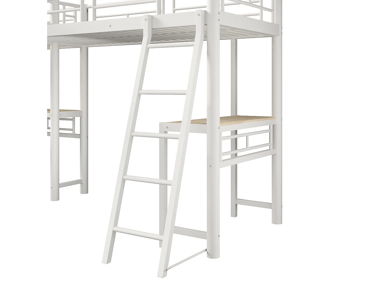 Letto a soppalco 2 x 90 x 200 cm con scrivania, pannello forato, luci a LED e sponde di sicurezza – Metallo e MDF – Bianco (Materasso non incluso)