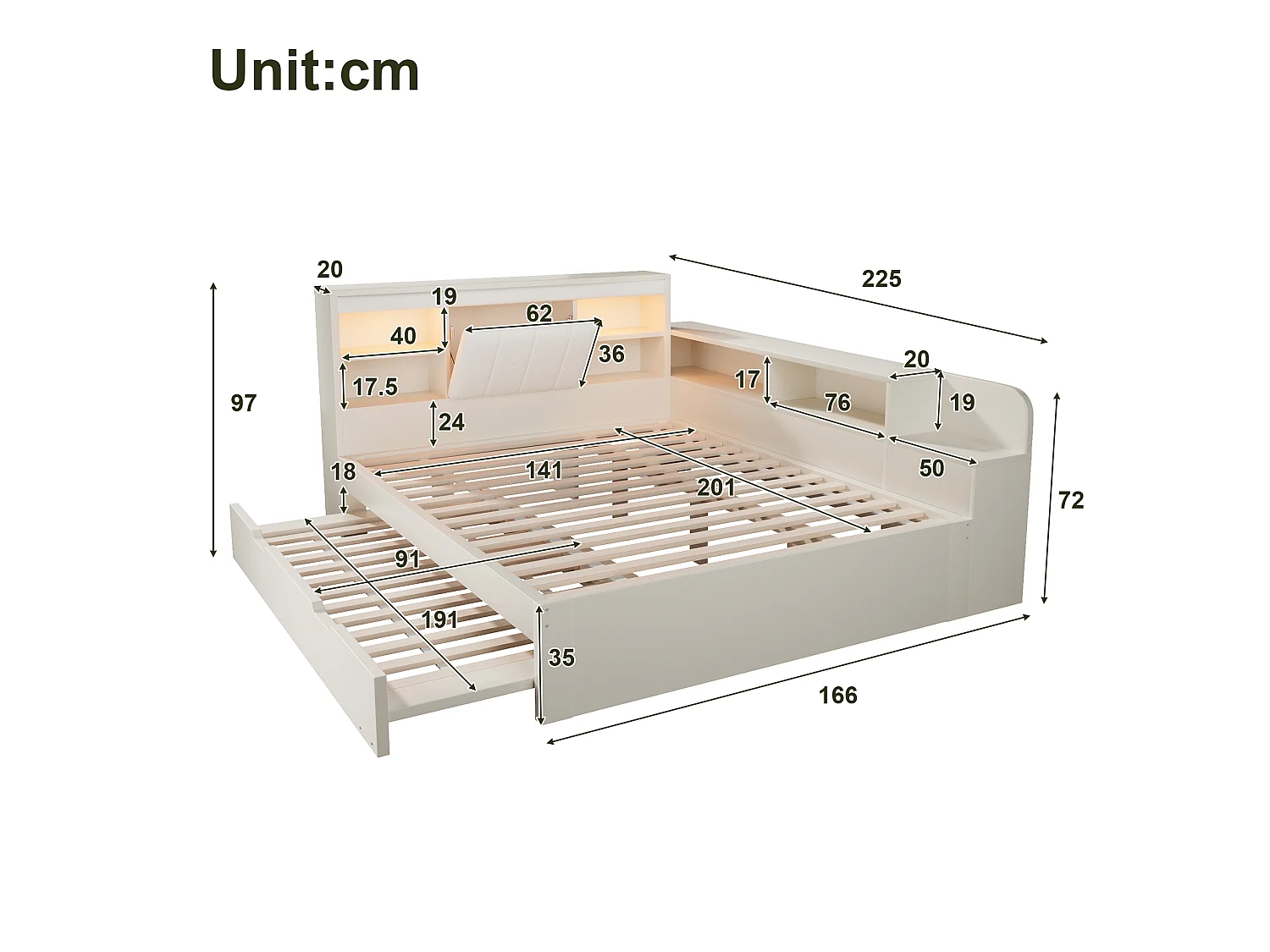 Canapé-lit 140x200cm - avec lit gigogne - avec liseuses et ports de charge USB - tête de lit rembourrée et espace de rangement - blanc (matelas non inclus)