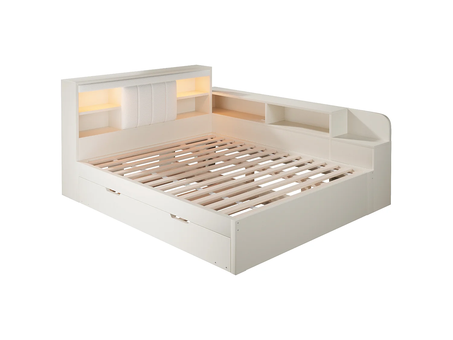 Canapé-lit 140x200cm - avec lit gigogne - avec liseuses et ports de charge USB - tête de lit rembourrée et espace de rangement - blanc (matelas non inclus)