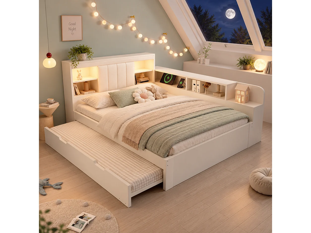Canapé-lit 140x200cm - avec lit gigogne - avec liseuses et ports de charge USB - tête de lit rembourrée et espace de rangement - blanc (matelas non inclus)