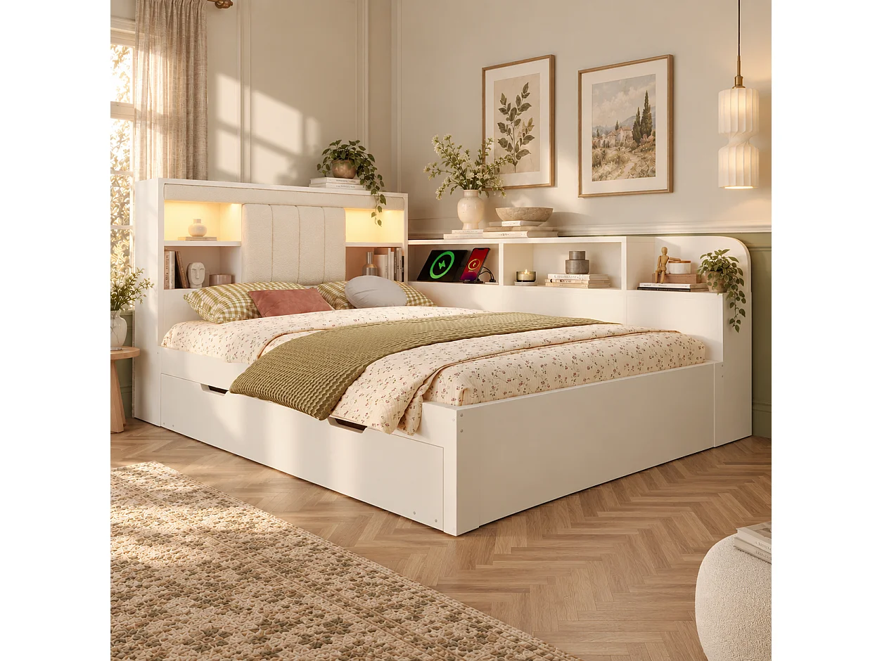 Canapé-lit 140x200cm - avec lit gigogne - avec liseuses et ports de charge USB - tête de lit rembourrée et espace de rangement - blanc (matelas non inclus)