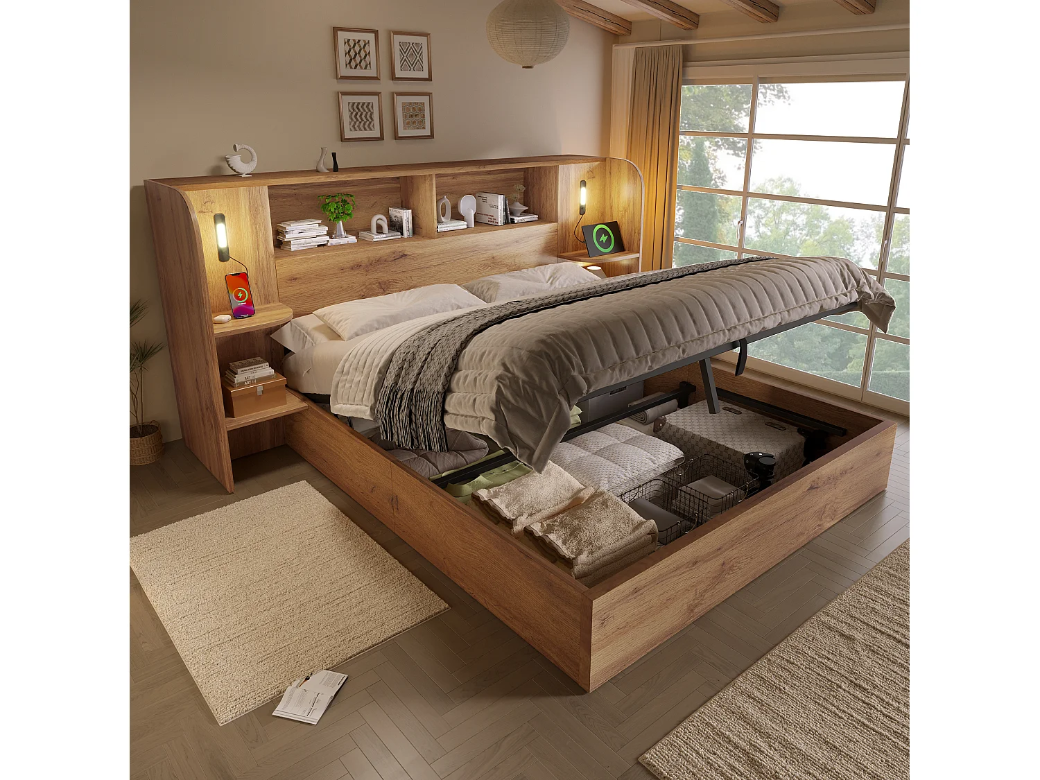 Adult storage bed 160x200cm with oak texture - with touch-controlled LED lamp and USB-C port - oak color(mattress not included)