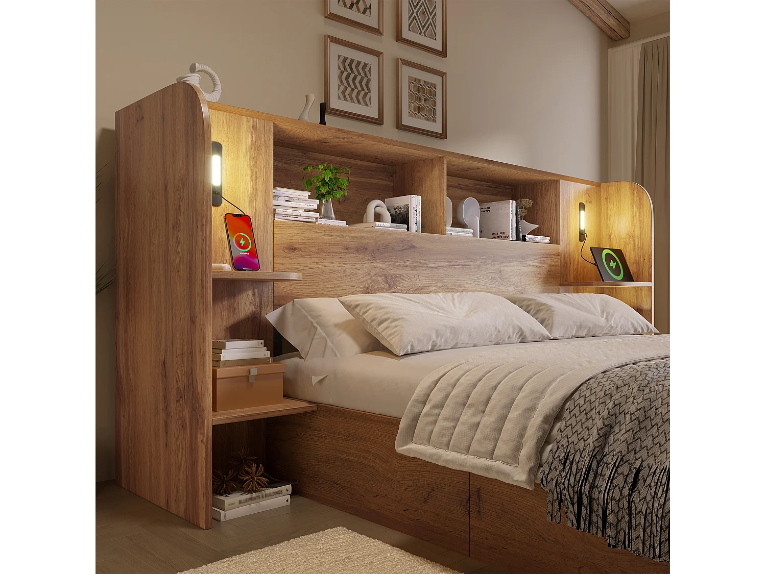 Adult storage bed 160x200cm with oak texture - with touch-controlled LED lamp and USB-C port - oak color(mattress not included)