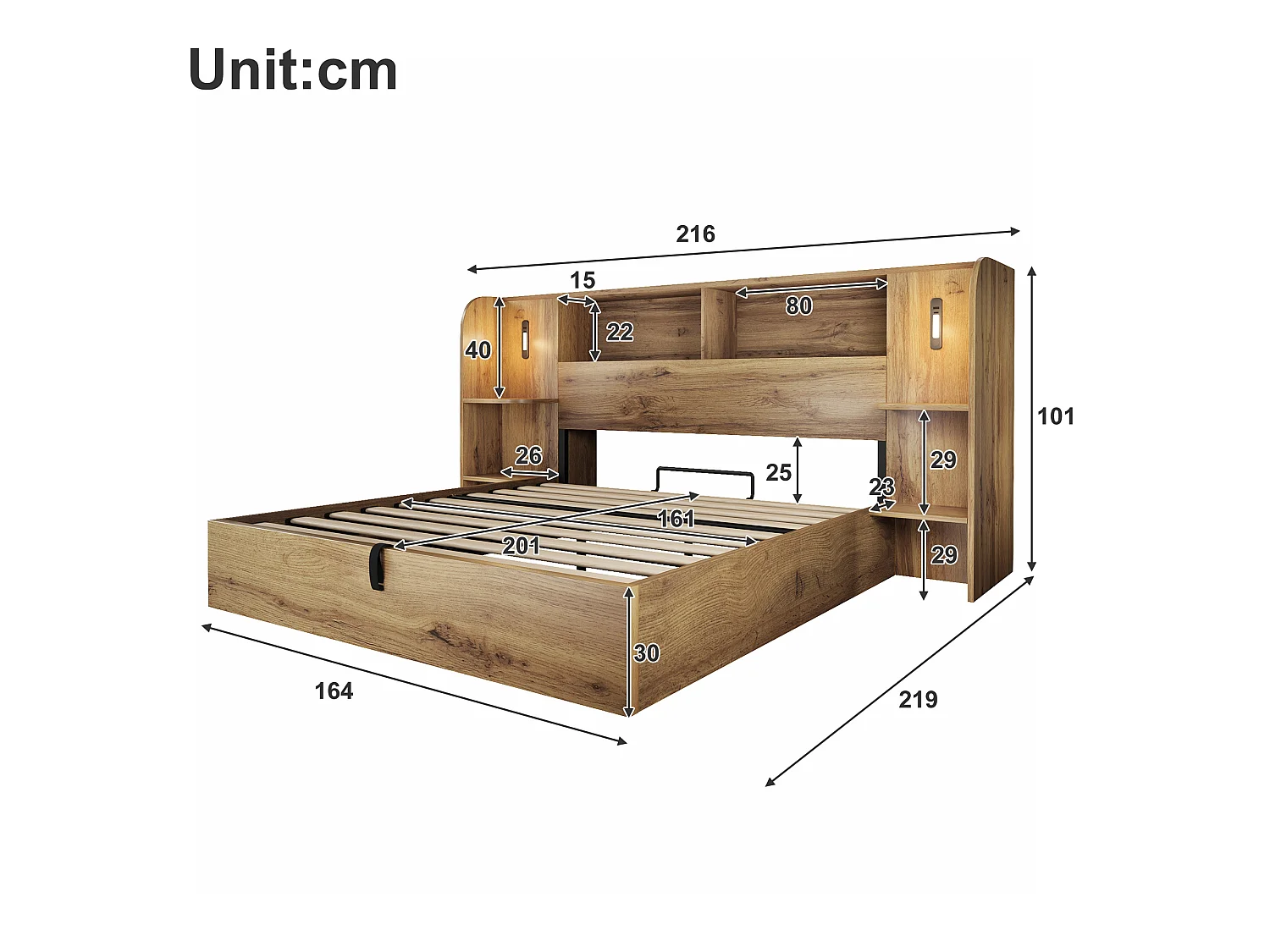 Adult storage bed 160x200cm with oak texture - with touch-controlled LED lamp and USB-C port - oak color(mattress not included)