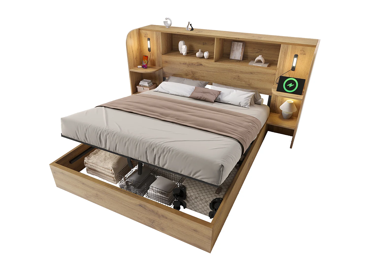 Adult storage bed 160x200cm with oak texture - with touch-controlled LED lamp and USB-C port - oak color(mattress not included)