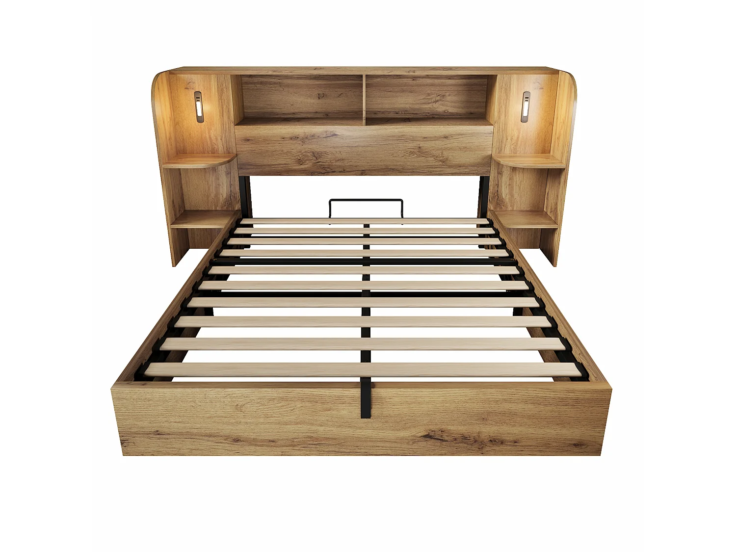 Adult storage bed 160x200cm with oak texture - with touch-controlled LED lamp and USB-C port - oak color(mattress not included)