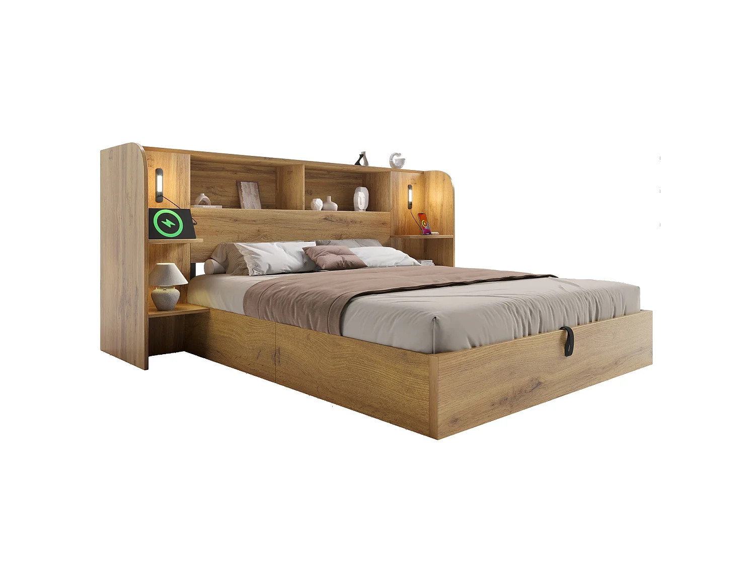 Adult storage bed 160x200cm with oak texture - with touch-controlled LED lamp and USB-C port - oak color(mattress not included)