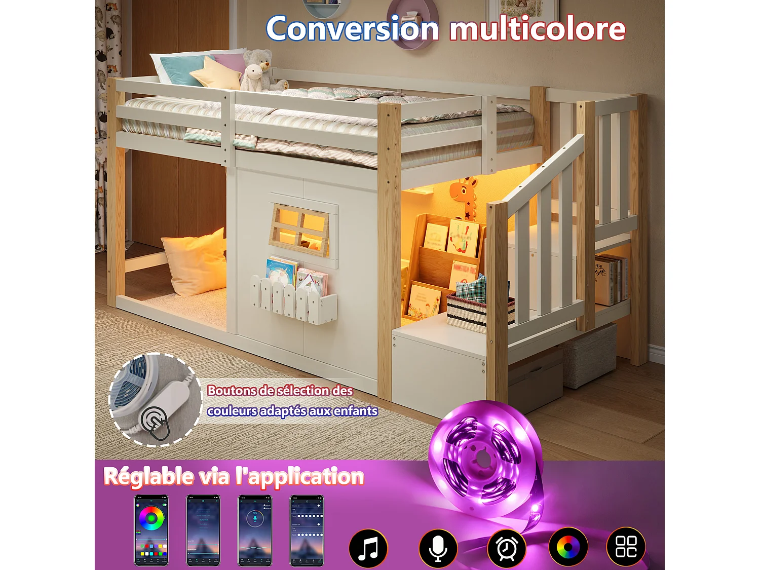 Lit mezzanine enfant 90 x 200 cm avec escalier de rangement, LED, fenêtre et barrières de sécurité – Pin et MDF – Blanc (Sans matelas)