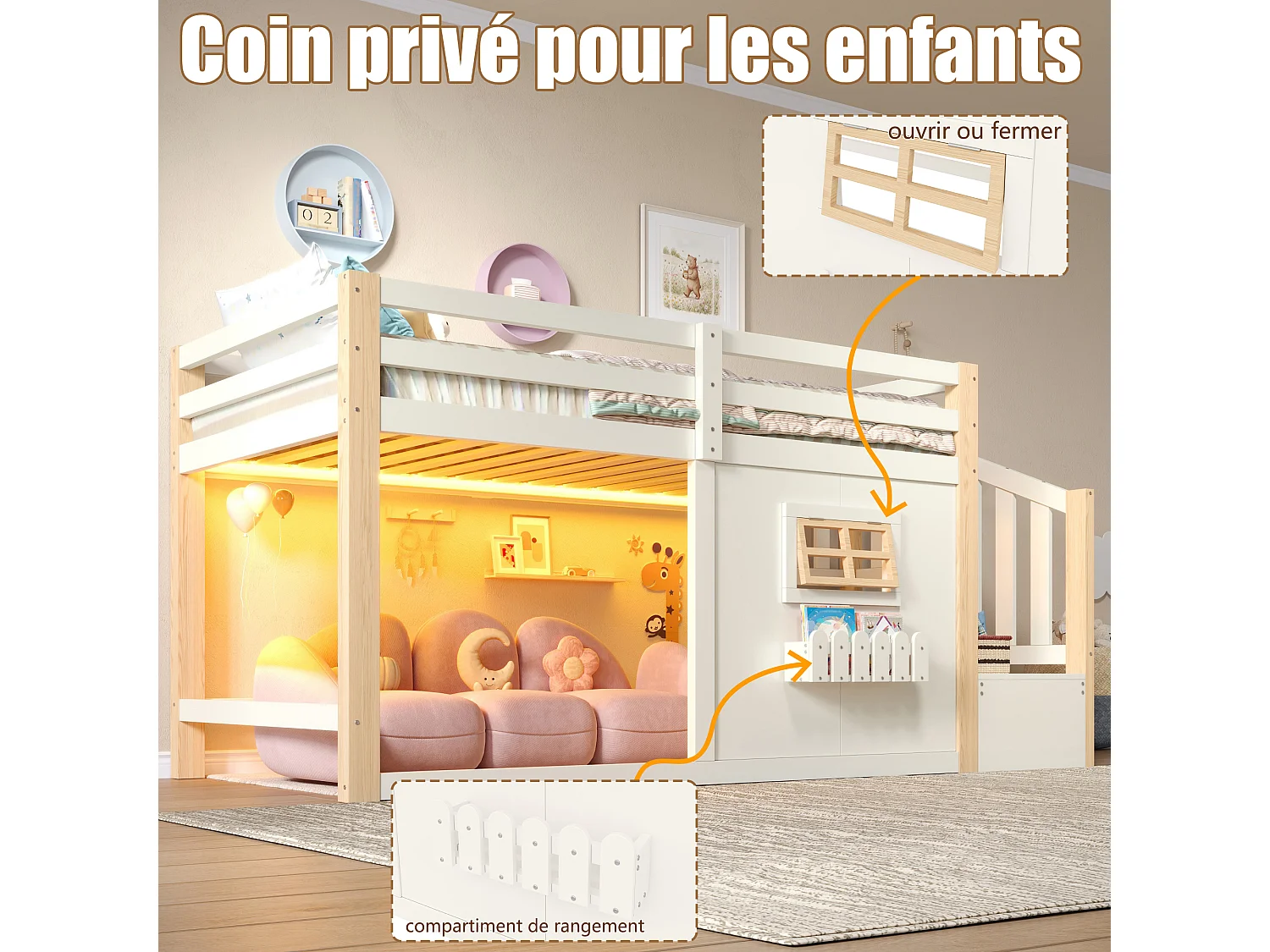 Lit mezzanine enfant 90 x 200 cm avec escalier de rangement, LED, fenêtre et barrières de sécurité – Pin et MDF – Blanc (Sans matelas)