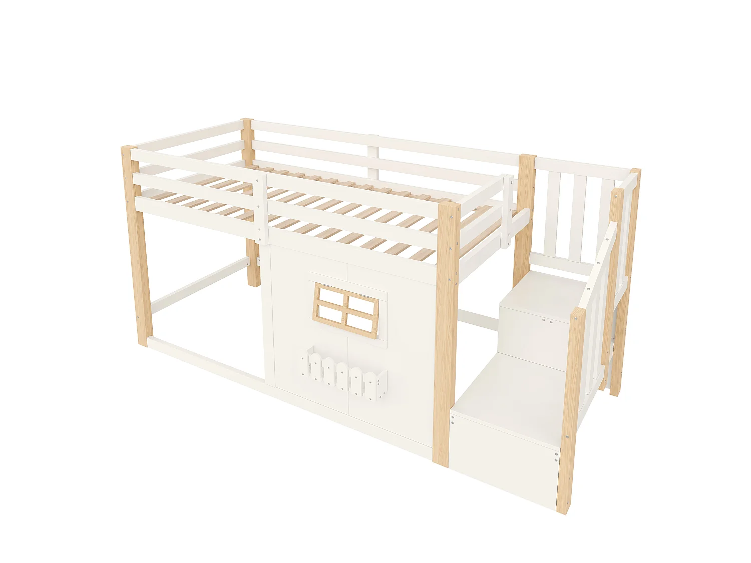 Lit mezzanine enfant 90 x 200 cm avec escalier de rangement, LED, fenêtre et barrières de sécurité – Pin et MDF – Blanc (Sans matelas)