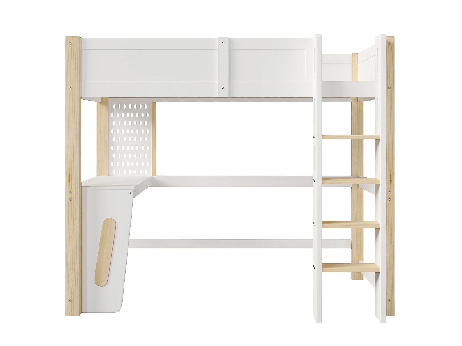 Loft bed 90 x 200 cm with desk, pegboard, LED lights and safety rails – Pine and MDF – White + Natural (Mattress not included)