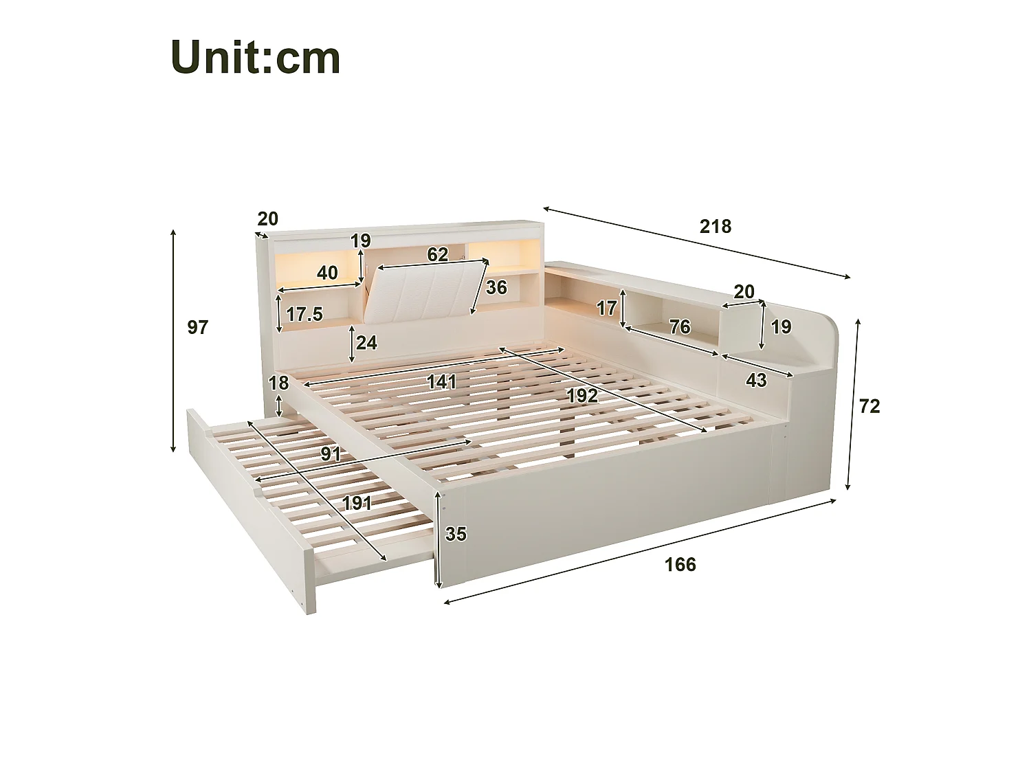 Canapé-lit 140x190cm - avec lit gigogne - avec liseuses et ports de charge USB - tête de lit rembourrée et espace de rangement - blanc (matelas non inclus)