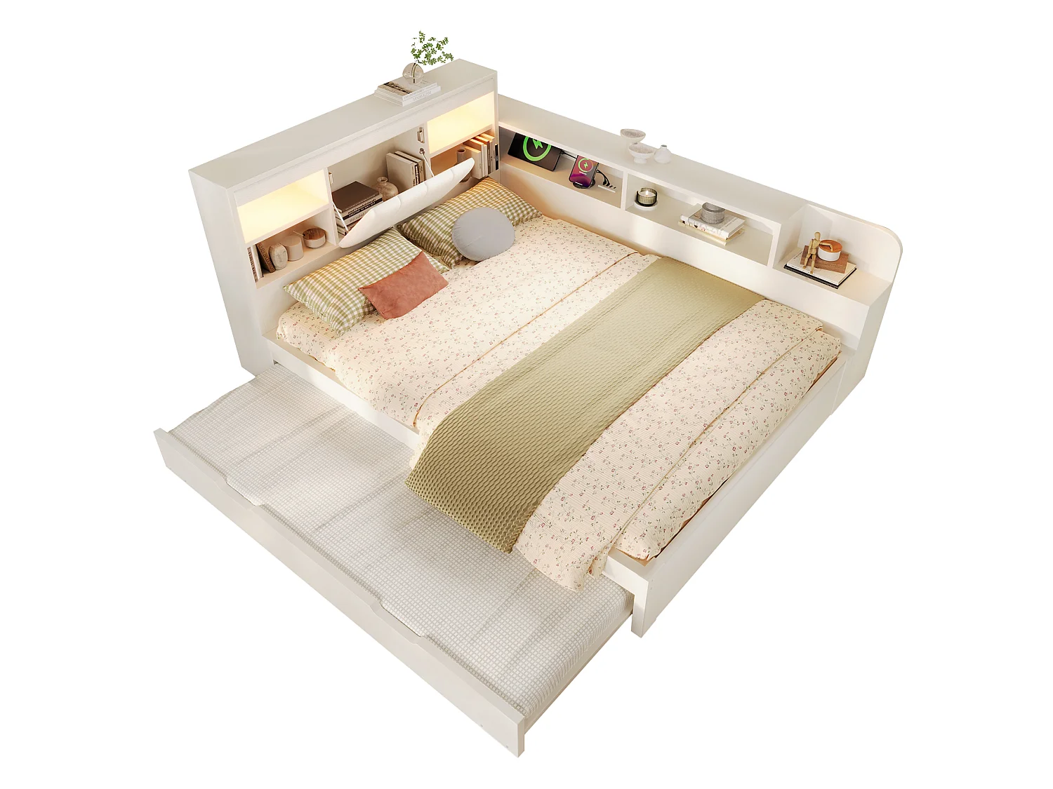 Canapé-lit 140x190cm - avec lit gigogne - avec liseuses et ports de charge USB - tête de lit rembourrée et espace de rangement - blanc (matelas non inclus)
