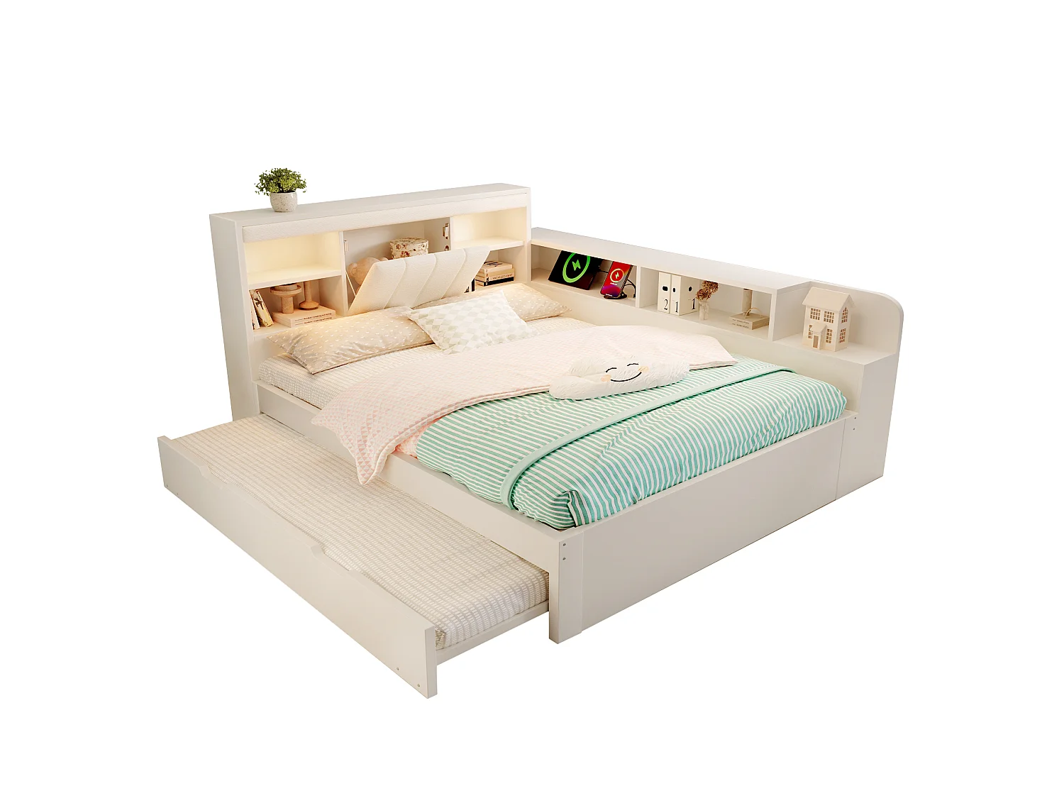 Canapé-lit 140x190cm - avec lit gigogne - avec liseuses et ports de charge USB - tête de lit rembourrée et espace de rangement - blanc (matelas non inclus)
