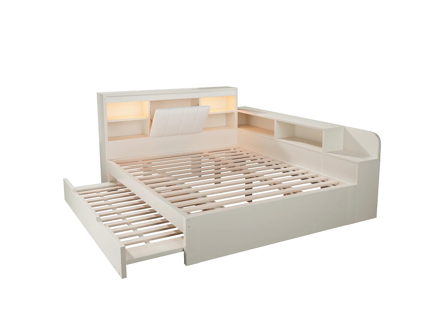 Canapé-lit 140x190cm - avec lit gigogne - avec liseuses et ports de charge USB - tête de lit rembourrée et espace de rangement - blanc (matelas non inclus)