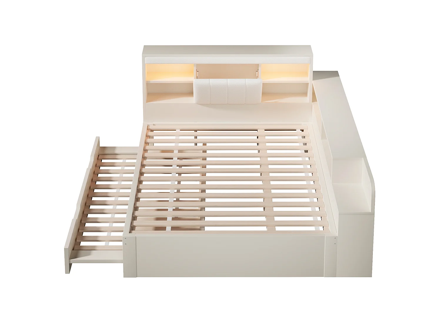 Canapé-lit 140x190cm - avec lit gigogne - avec liseuses et ports de charge USB - tête de lit rembourrée et espace de rangement - blanc (matelas non inclus)