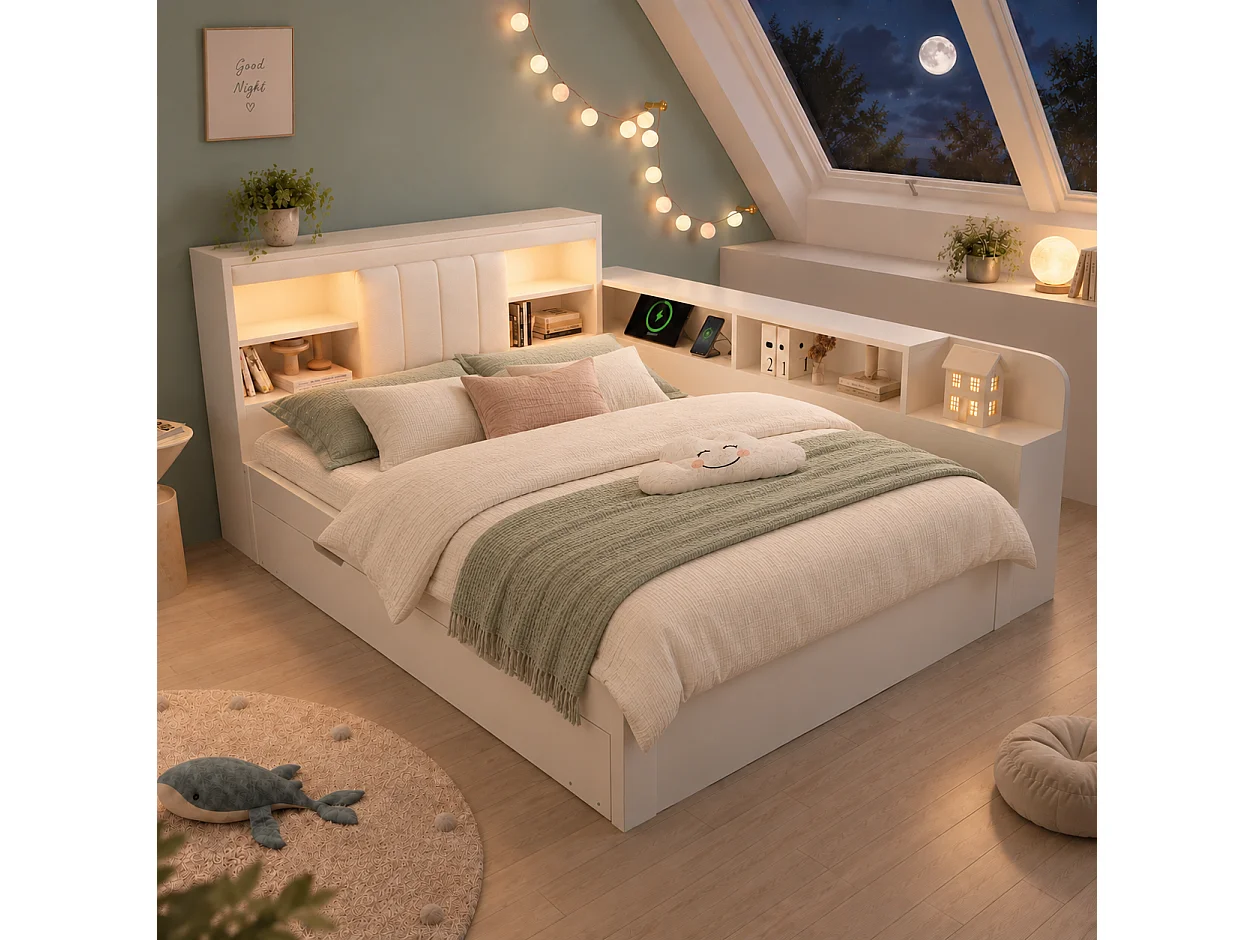 Canapé-lit 140x190cm - avec lit gigogne - avec liseuses et ports de charge USB - tête de lit rembourrée et espace de rangement - blanc (matelas non inclus)