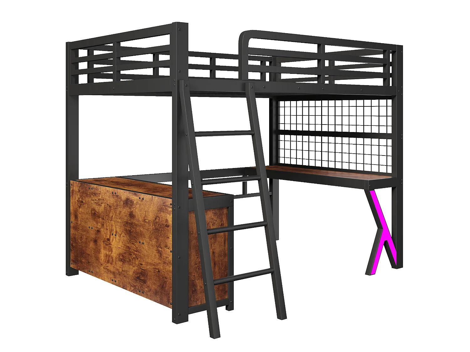 Hochbett 140 x 200 cm mit Schreibtisch, Stauraum, Drahtgitterwand und LED-Beleuchtung – Metall und MDF – Schwarz (Matratze nicht im Lieferumfang enthalten)