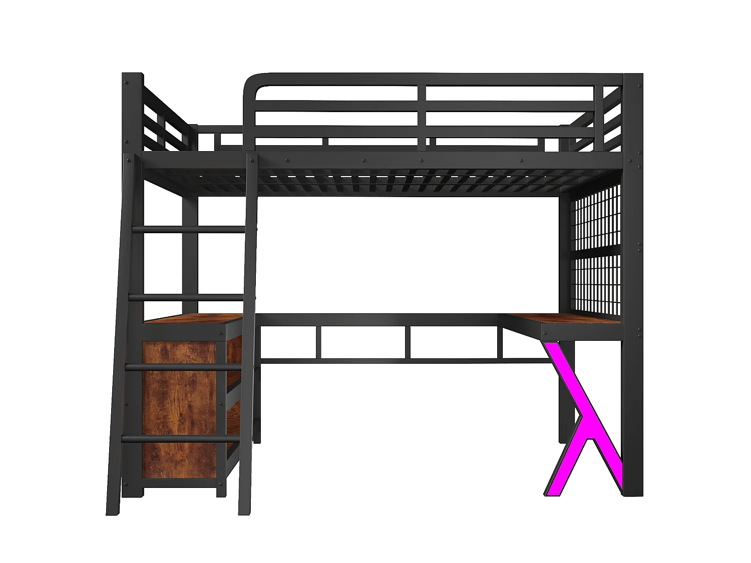 Hochbett 140 x 200 cm mit Schreibtisch, Stauraum, Drahtgitterwand und LED-Beleuchtung – Metall und MDF – Schwarz (Matratze nicht im Lieferumfang enthalten)