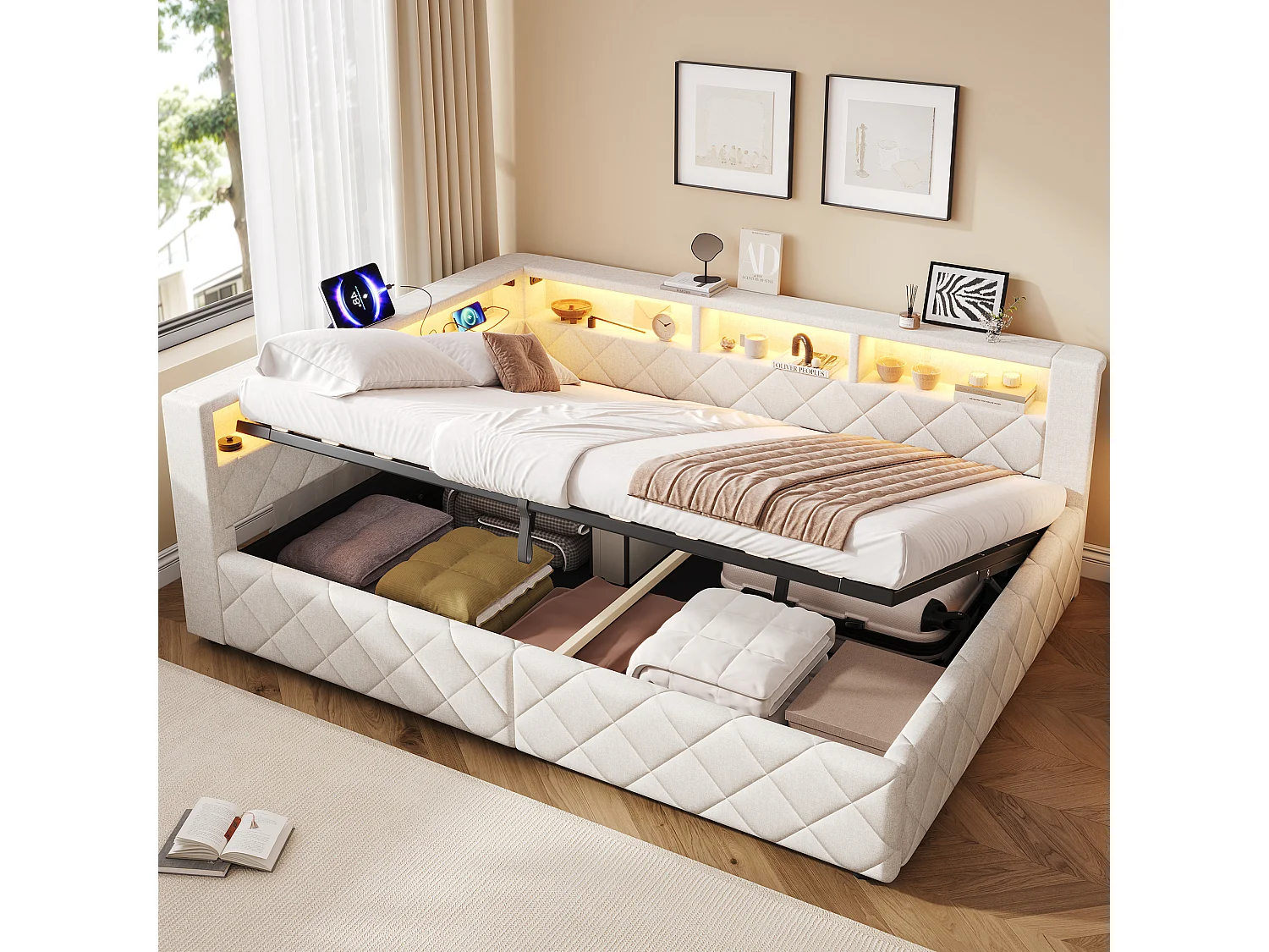 Polstret seng med opbevaring 140 x 200 cm med hydraulisk opbevaring, LED-belysning og åben opbevaring – Hør og MDF – Beige (Madras medfølger ikke)
