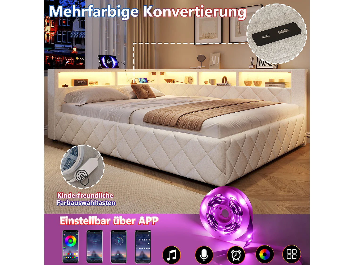 Polstret seng med opbevaring 140 x 200 cm med hydraulisk opbevaring, LED-belysning og åben opbevaring – Hør og MDF – Beige (Madras medfølger ikke)