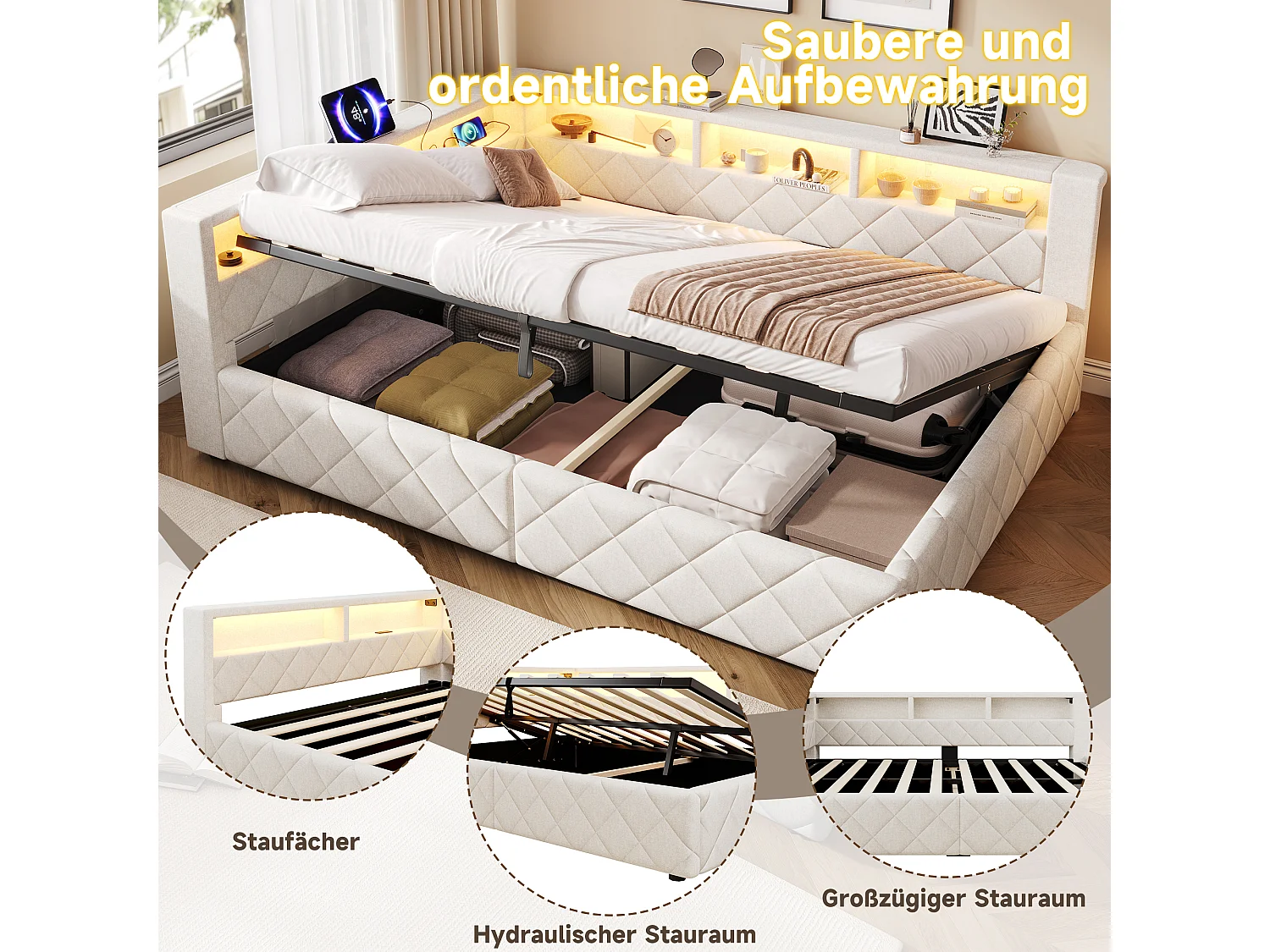 Polstret seng med opbevaring 140 x 200 cm med hydraulisk opbevaring, LED-belysning og åben opbevaring – Hør og MDF – Beige (Madras medfølger ikke)