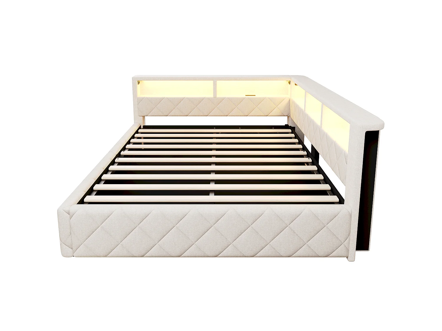 Polstret seng med opbevaring 140 x 200 cm med hydraulisk opbevaring, LED-belysning og åben opbevaring – Hør og MDF – Beige (Madras medfølger ikke)