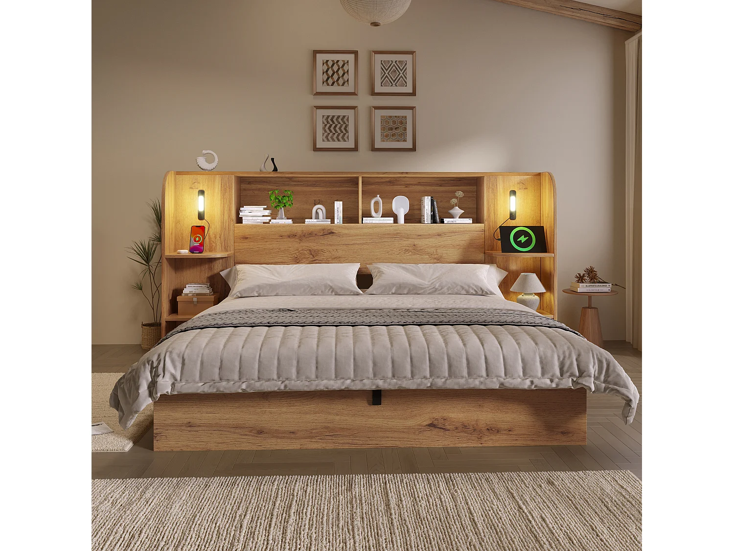 Adult storage bed 180x200cm oak texture - with touch-controlled LED lamp and USB-C port - oak color(mattress not included)