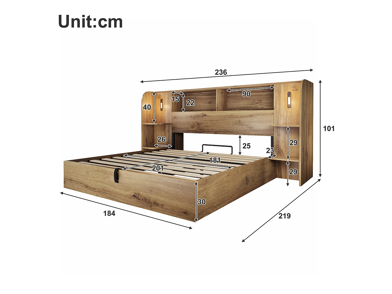 Adult storage bed 180x200cm oak texture - with touch-controlled LED lamp and USB-C port - oak color(mattress not included)