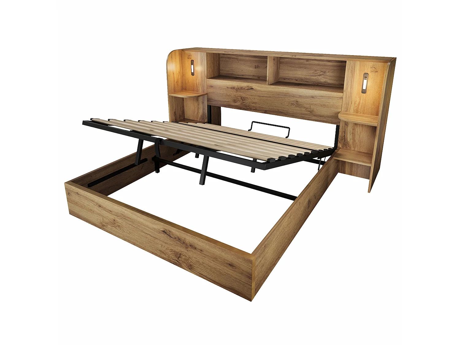 Adult storage bed 180x200cm oak texture - with touch-controlled LED lamp and USB-C port - oak color(mattress not included)