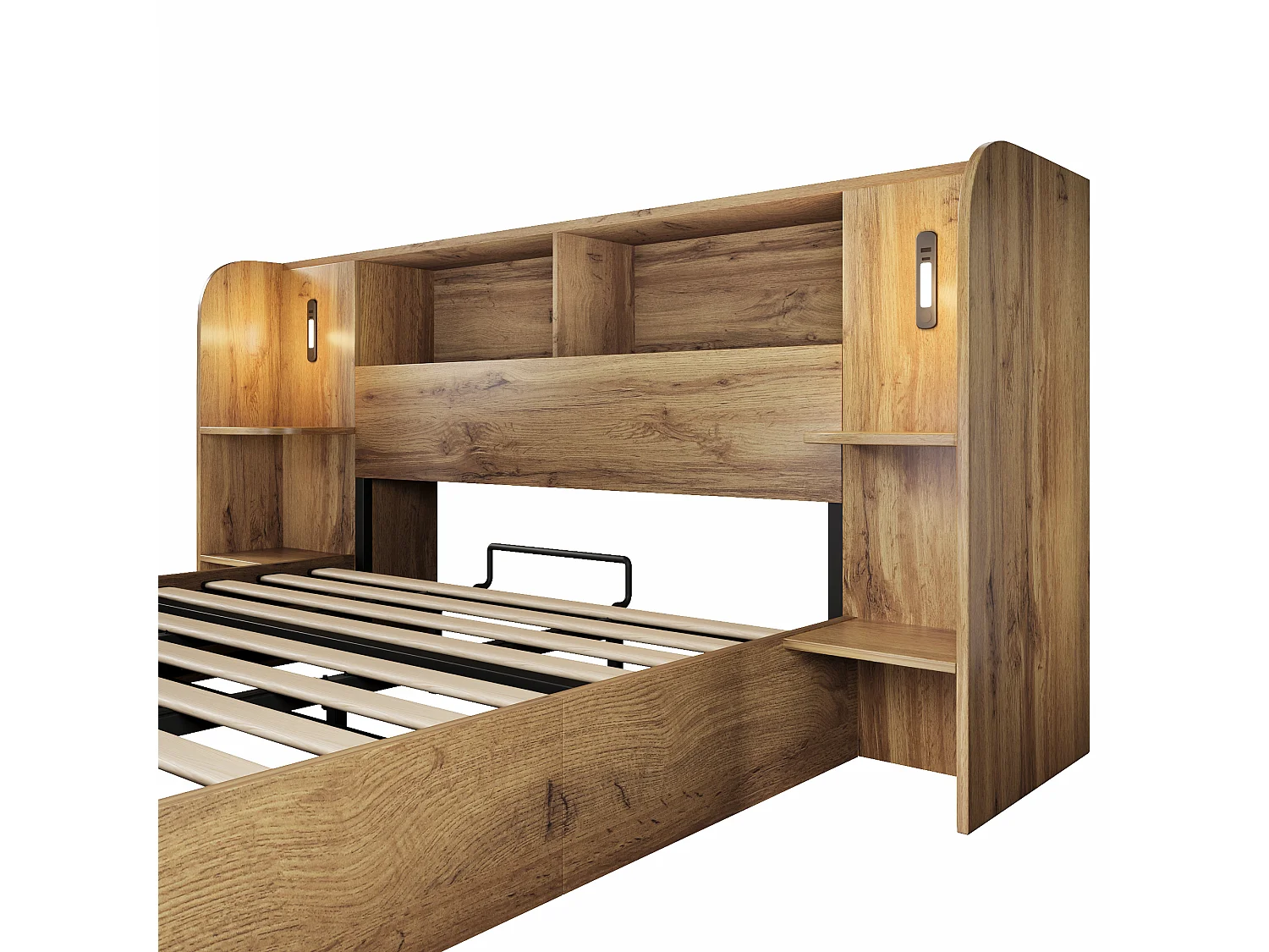 Adult storage bed 180x200cm oak texture - with touch-controlled LED lamp and USB-C port - oak color(mattress not included)