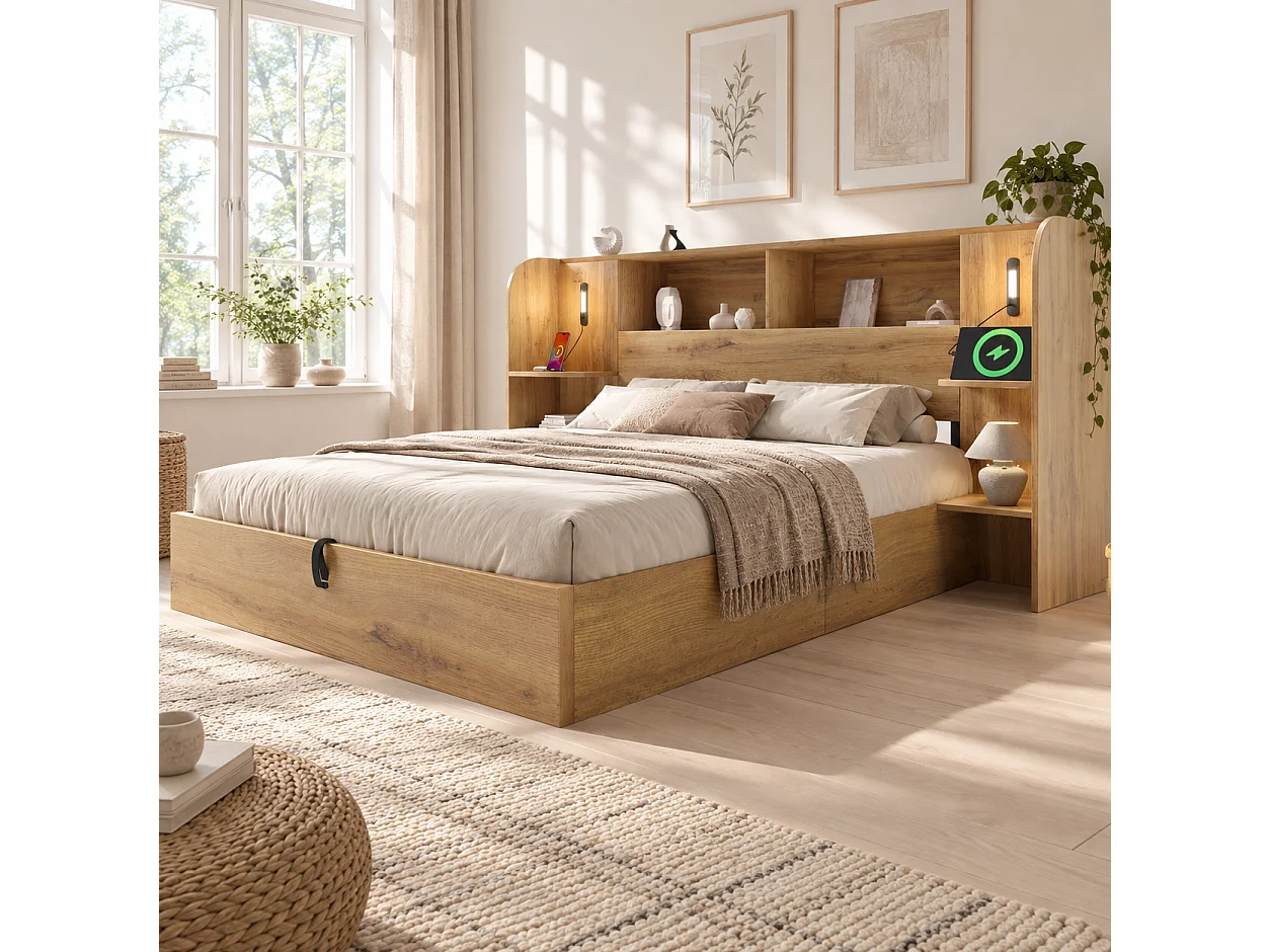 Adult storage bed 180x200cm oak texture - with touch-controlled LED lamp and USB-C port - oak color(mattress not included)