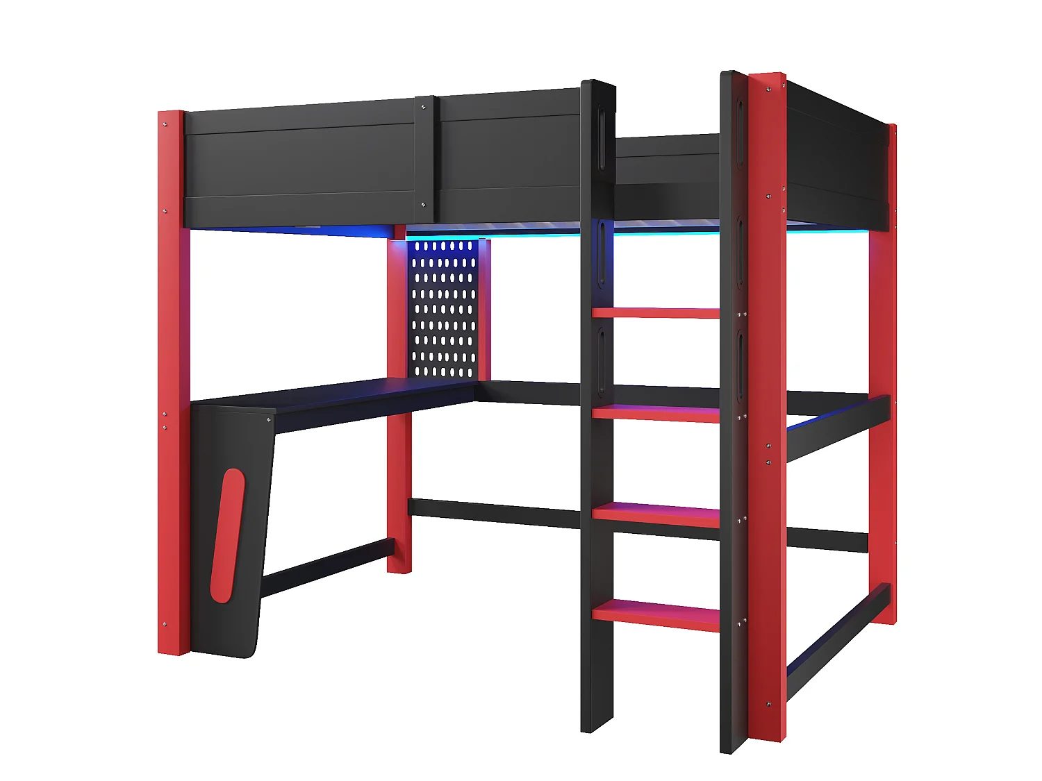 Hochbett 140 x 200 cm mit Schreibtisch, Lochwand, LED-Beleuchtung und Sicherheitsgeländer – Kiefer und MDF – Schwarz (Matratze nicht im Lieferumfang enthalten)
